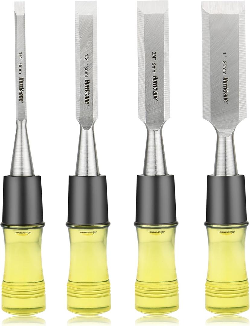 HURRICANE 4 Piece Wood Chisel Set for Woodworking. CR-V Steel Beveled Edge Blades with Safety Caps. Durable PVC High Impact Handle, for Precision Carving & DIY Projects (1/4", 1/2", 3/4", 1") (Regular Size Grip)
