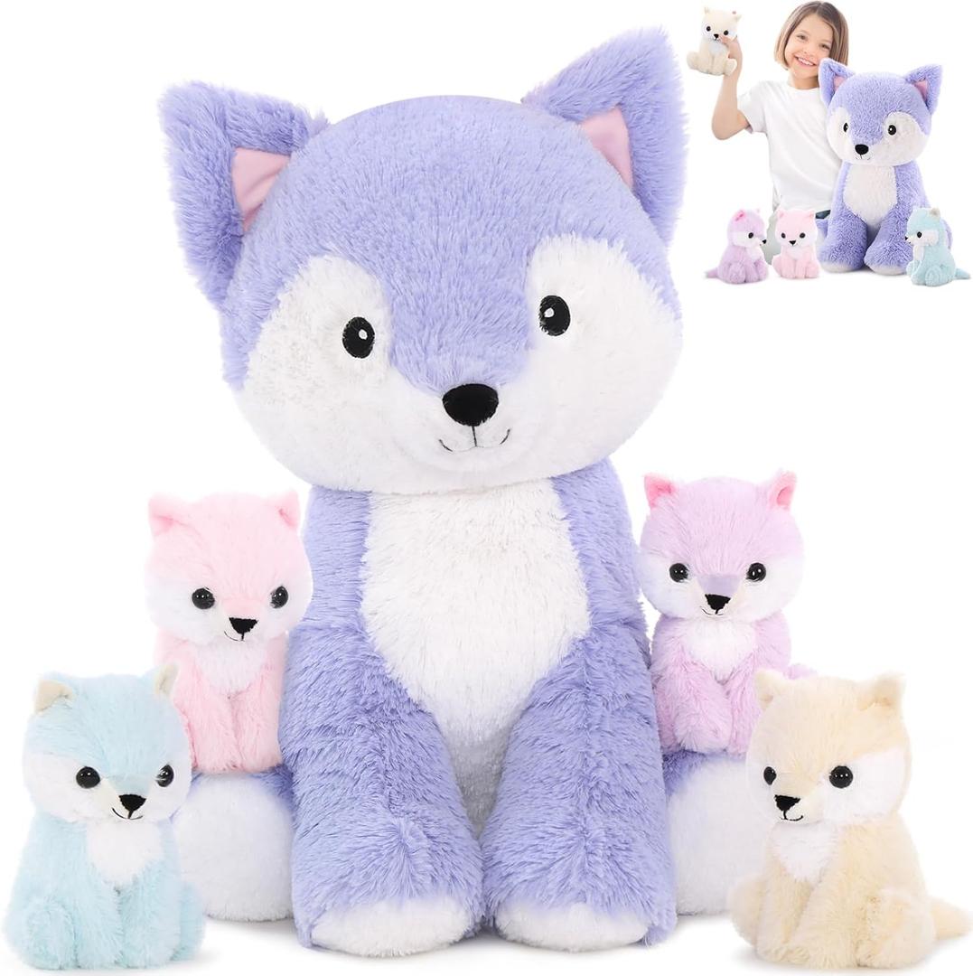 MaoGoLan Large Fox Plush Stuffed Animal, 5 Pcs Stuffed Foxes Plush Toy Set, 20 Inches Purple Mama Fox Toy with Babies for Kids Girl Boy, Valentines Birthday Gift Baby Shower Party Decor