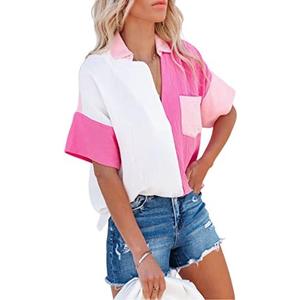 Dokotoo Womens Casual V Neck Short Sleeve Shirts Color Block Back Button Down Blouses Tops 2 pack Size M