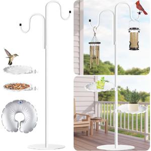Upgraded 74" Shepherd's Hook Stand PlantBird FeederWhite Wind Chime Hanger Stand, Waterproof Metal & Adjustable-Height Standing Pole Holder for Wreath, Indoor & Outdoor2 Placement Racks