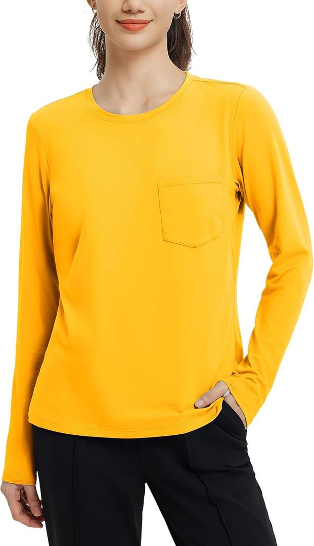 baleaf Women's Long Sleeve Workout Shirts for Women Active Tops Soft Activewear Moisture Wicking Running Clothes Travel (Medium, Yellow)