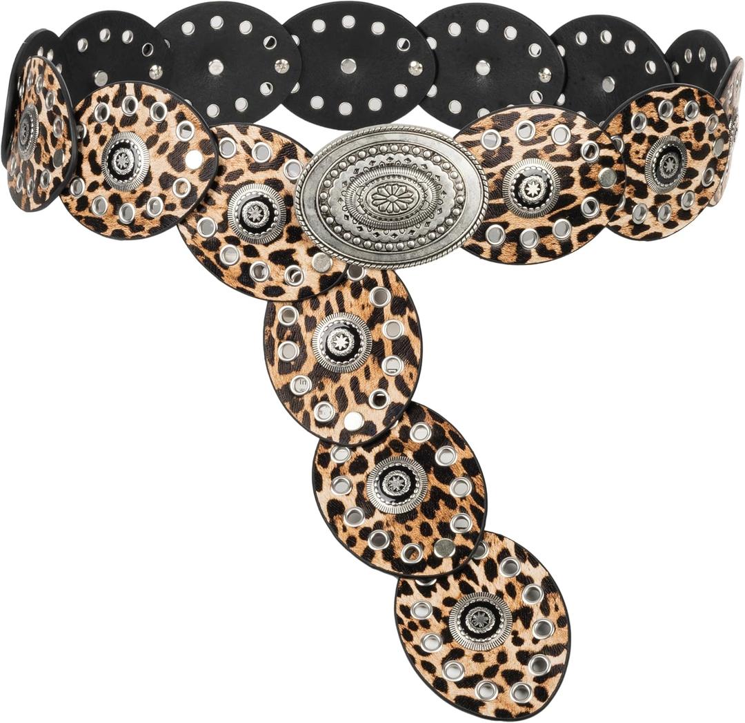 INOGIH Womens Wide Western Cowboy Disc Belt Vintage Cowgirl Concho Leather Belts Boho Style for Jeans Dress Skirt (For Waist 28-38 in, Leopard Print)