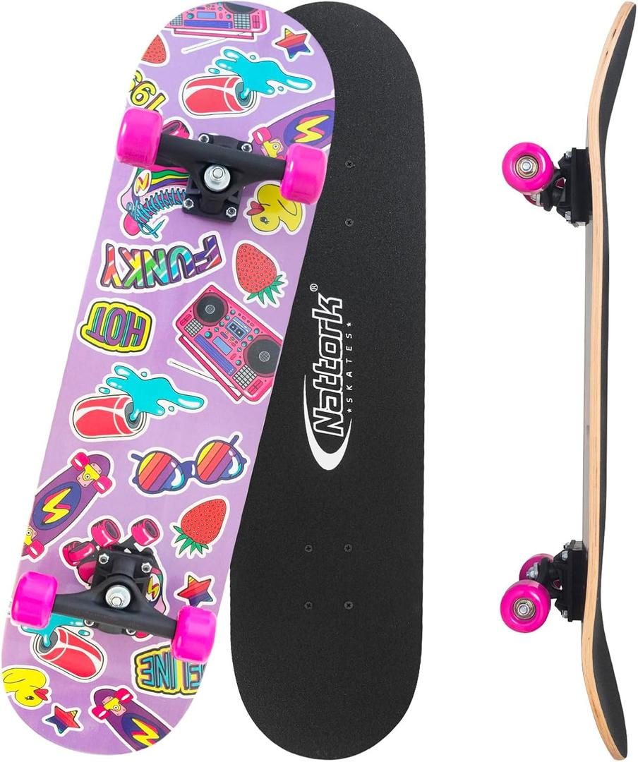 Nattork 31 Inch Complete Skateboard, Standard Skateboards for Beginners, Wood 9 Layer Canadian Maple Trick Skate Boards for Boys Girls Youth Teens Adults