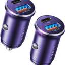 LISEN USB C Car Charger Adapter [2 Pack] [Mini & Metal] Cigarette Lighter USB Charger Fast Charging [PD QC 3.0] USBC Car Phone Charger for iPhone 15 Pro Max Plus 14 Samsung Galaxy S23 iPad Pro, Purple