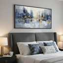 Framed Blue Abstract Wall Art for Living Room, Extra Large Modern Cityscape Canvas Artwork for Walls, Horizontal Contemporary Painting Print for Living Room Bedroom Office Wall Decor, 30x60 Inch