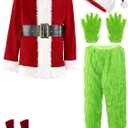 Christmas Santa Claus Costume Green Monster Suits Outfit Santa Coat Cosplay Mask Halloween Christmas Costumes for Men, Medium