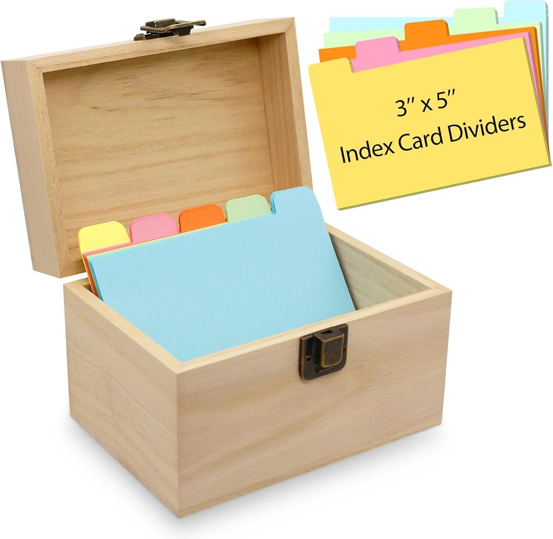 Index Card Holder, Wooden Index Card Box, 3 x 5 Flash Cards Holder with 50 Dividers, Recipe Cards Case for Organizing 3 x 5 inches Business Cards and Study Note Cards