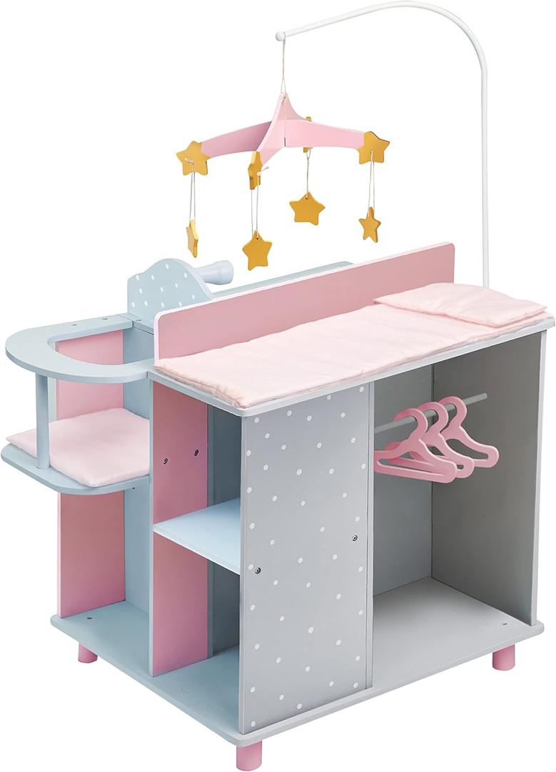 Olivia's Little World 6-in-1 Wooden Baby Doll Changing Station with Crib, Changing Table, High Chair, Double-Door Closet, Sink and Washing Machine, Multicolored (Pink/Grey)