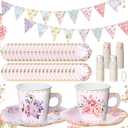 Umigy 98 Pcs Tea Party Decorations 26 ft Floral Paper Bunting 6.5 oz Floral Paper Coffee Cups with Handle and Saucers Blossom Disposable Tea Sets with Tape for Wedding Birthday(Stylish)
