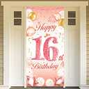 DPKOW Rose Gold 16th Birthday Decoration for Girl, Rose Gold Happy 16th Birthday Door Banner Backdrop Decoration Supplies, for Wall Garden Table, 72.8 x 35.4 inch