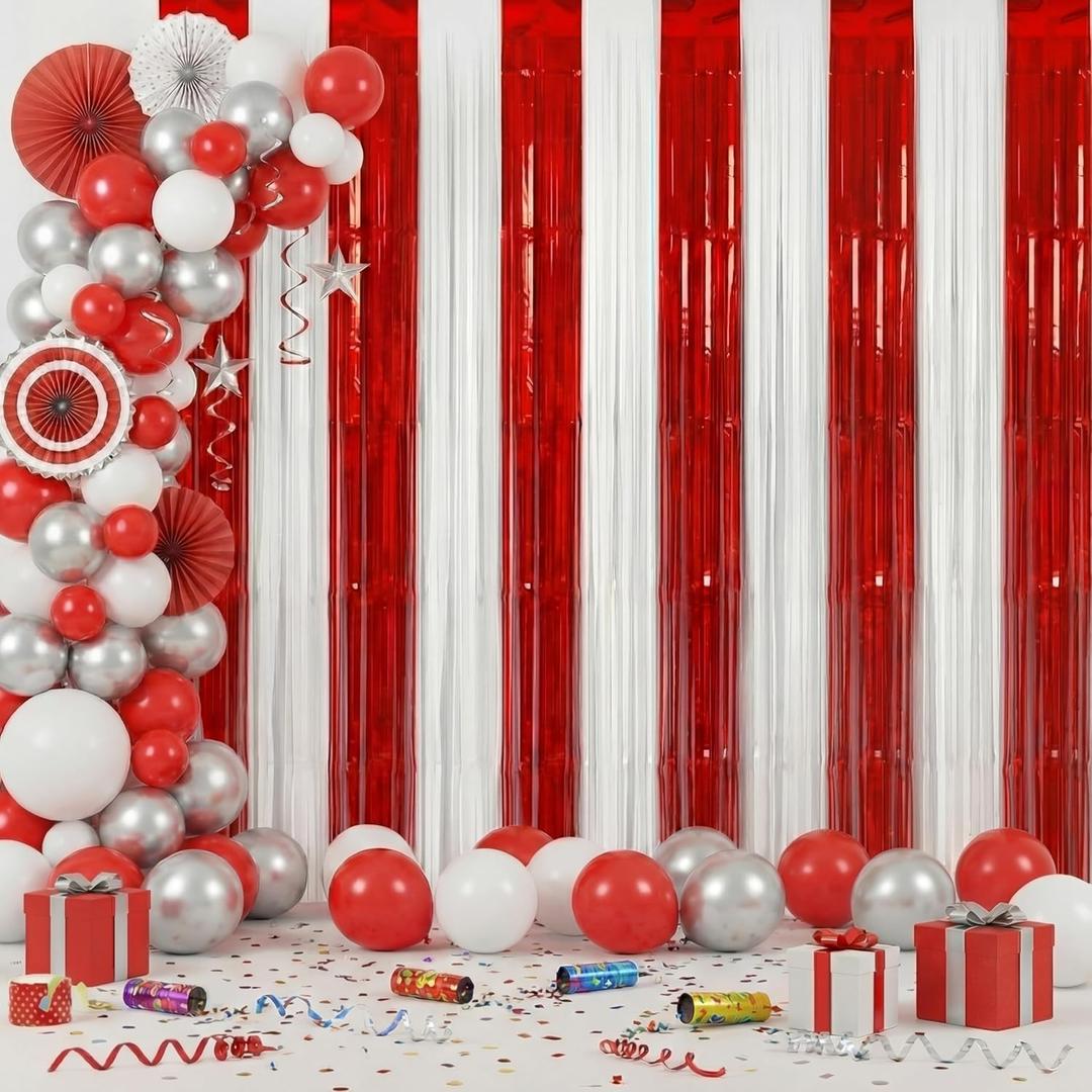 2 Pack Red White Tinsel Foil Fringe Curtains Circus 3.288.20 ft Metallic Streamers Tinsel Curtains Background for Graduation Birthday Wedding Party