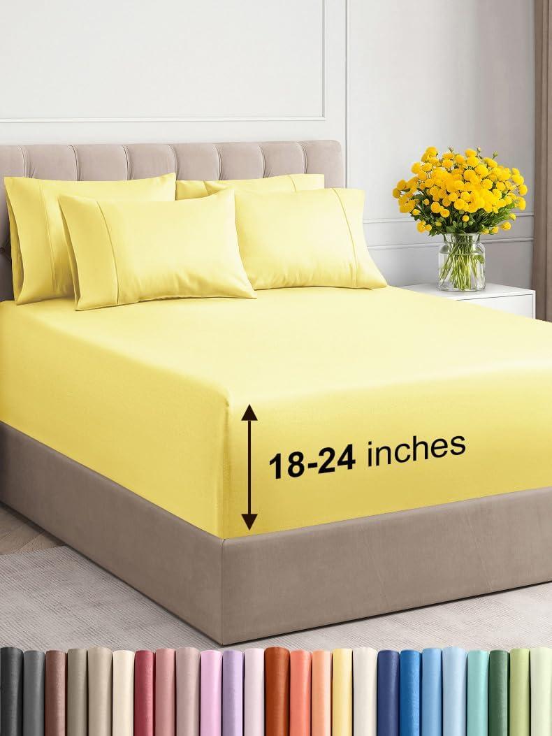 Extra Deep King Sheet Set - 6 Piece Breathable & Cooling Sheets - Hotel Luxury Bedding Set w/18-24 Inch Extra Deep Pockets - Easy & Secure Fit - Super Soft, Wrinkle Free and Comfy - Yellow, King Size