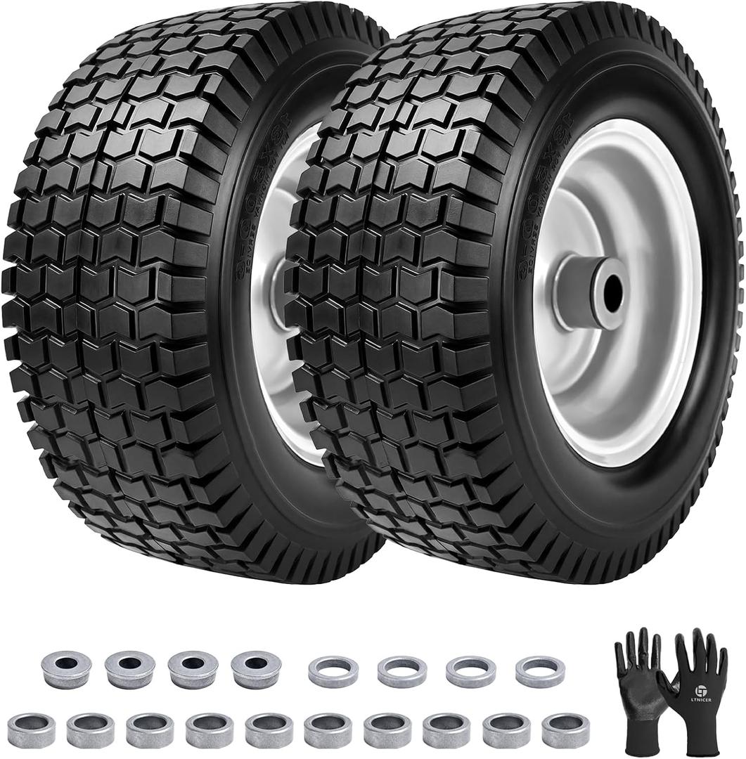13x5.00-6 Flat Free Lawn Mower Tire and Wheel, 13 x 5 x 6 Riding Lawn Mower Tires and Wheel With 3" Centered Hub and 3/4" & 5/8" Bearings (2-Pack)