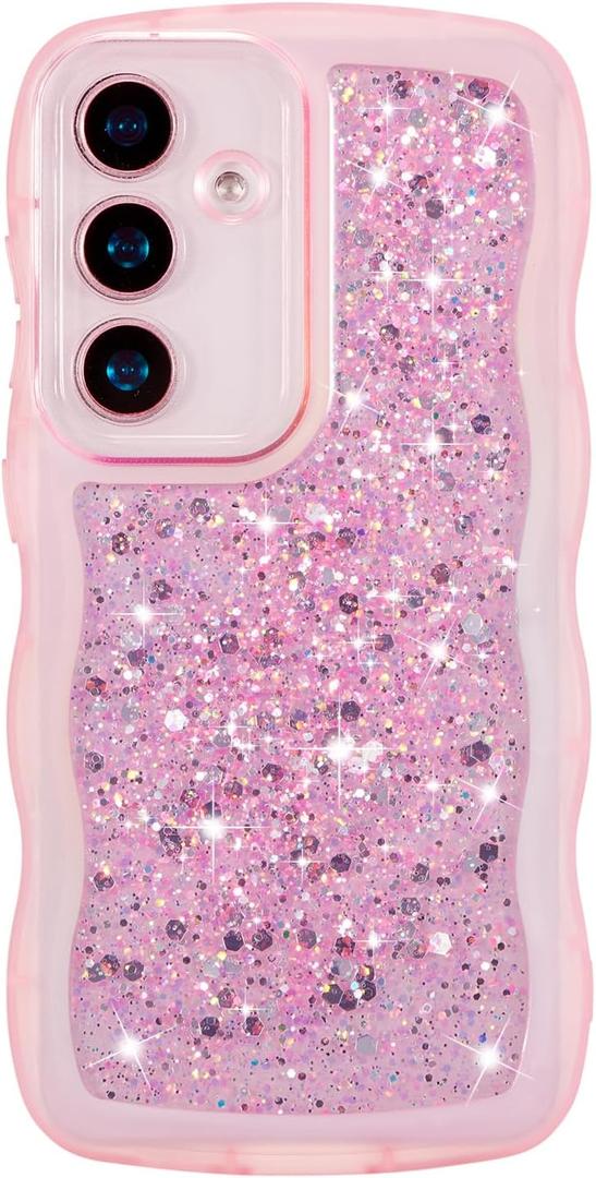 ZTOFERA for Samsung Galaxy S23 FE 5G Case 6.4", Cute Curly Wavy Design with Glitter Sequins,Luxury Aesthetic Bling Sparkly Shockproof Protective Phone Case for Galaxy S23 FE-Glitter Pink