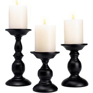 Black Pillar Candle Holders Set of 3, Vintage Candle Holder for Table Centerpiece & Fireplace Decor, Decorative Antique Candle Stand for Dining & Living Room Decoration