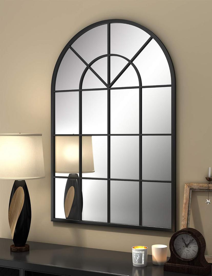 LYYYXGYP Arched Window Mirror 32x45 Tempered Glass Black Metal Frame Wall Mounted Decorative Mirror Windowpane Decoration for Living Room