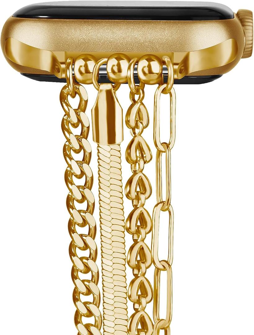 QINGQING Chain Bracelet Compatible for Apple Watch Band, Women Fashion Slim Jewelry Dressy IWatch Bands 42/44/45mm Series 10 9 8 7 SE 6 5 4 3 Series 2 1 (Gold)