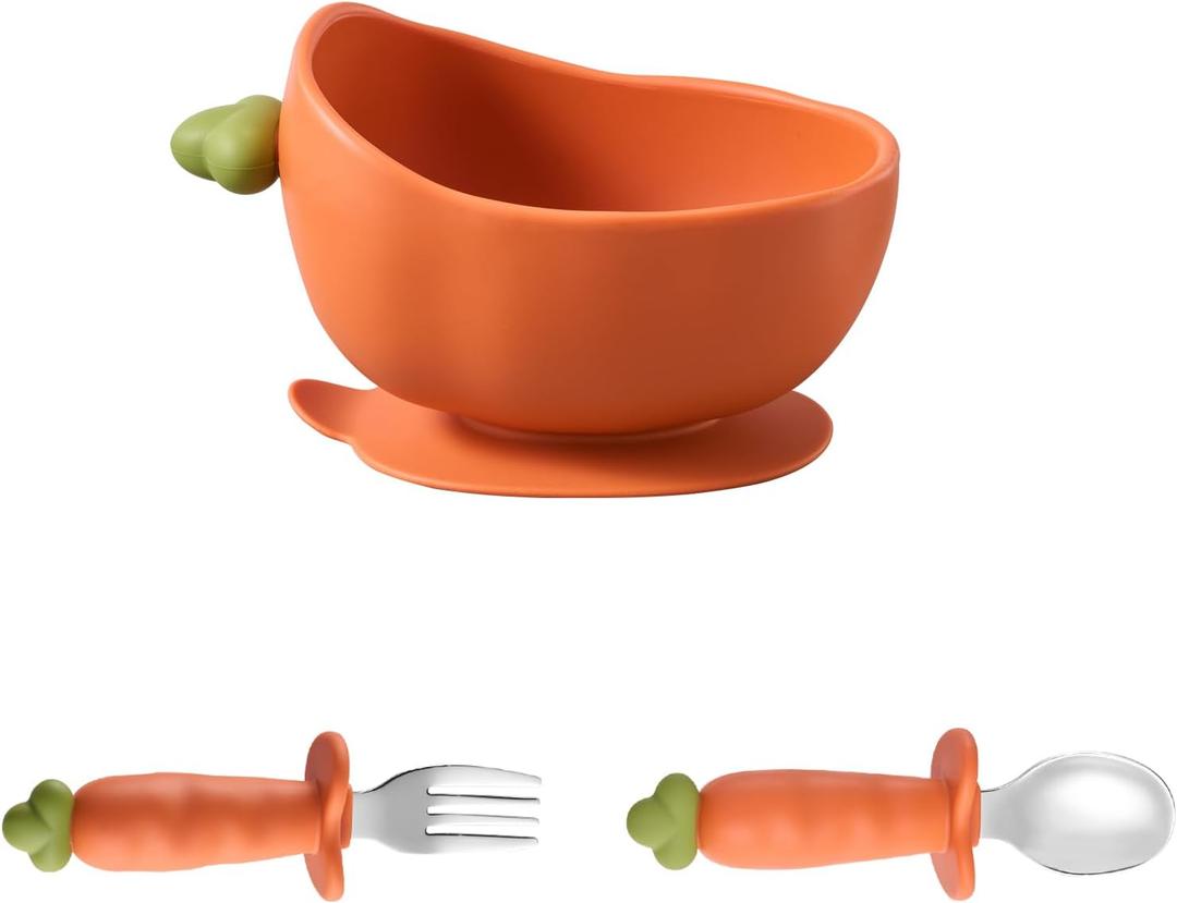 Carrot Shape Silicone Baby Feeding 6 Pack Set, 1 Suction Bowl & Plate, Bib, Spoon, Fork, Cup (Bowl with Spoon and Fork)
