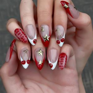 Red French Tip Press on Nails Almond Medium Fake Nails 3D Gold Star False Nails with Cherry Alligator Pattern Designs Stick on Nail Cute Valentine Acrylic Glue on Nail for Women Girls 24PCS