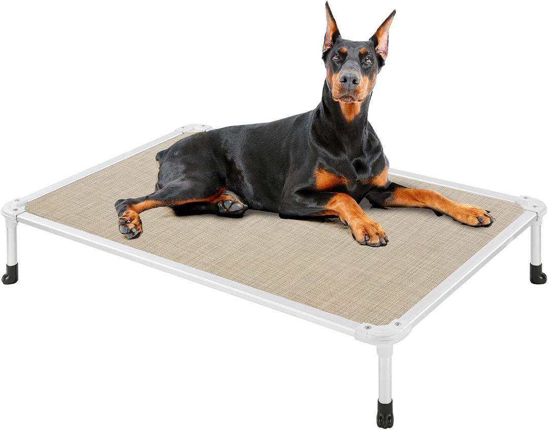 Veehoo Chew Proof Elevated Dog Bed - Cooling Raised Pet Cot - Silver Aluminum Frame and Durable Textilene Mesh Fabric, Unique Designed No-Slip Feet for Indoor or Outdoor Use, Beige Coffee, X Large (49.0"L x 33.0"W x 9.0"Th)