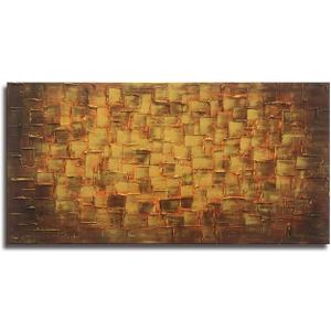 MyArton Textured Abstract Squares Canvas Wall Art Hand Painted Modern Golden Yellow Oil Painting for Decoration Ready to Hang 48x24inch