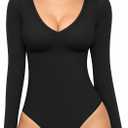 MANGOPOP Women's Long Sleeve Bodysuit Sexy V Neck Body Suits Fitted Fall Going Out Tops(Black, Small)