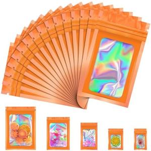 JETMORE 100 Pcs Mylar Bags, Smell Proof Bags Foil Pouch, Holographic Resealable Bags for Small Business, Candy Sample Jewelry Bag Sealable Packaging for Party Favor Food Storage (2.4x3.9in-Orange)