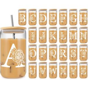 26Pcs Initial Glass Cup Sets (A to Z) with Gift Boxes, Monogrammed Gifts for Women, 16 oz Glass Cups with Lids and Straws, Personalized Gifts for Birthday, Celebration, Weddings, Party, Mothers Day