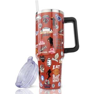 40 oz Football Tumbler with Handle and Straw, Stainless Steel Insulated Cup 40 oz, Reusable Football Coffee Mug with Leak Proof Lid