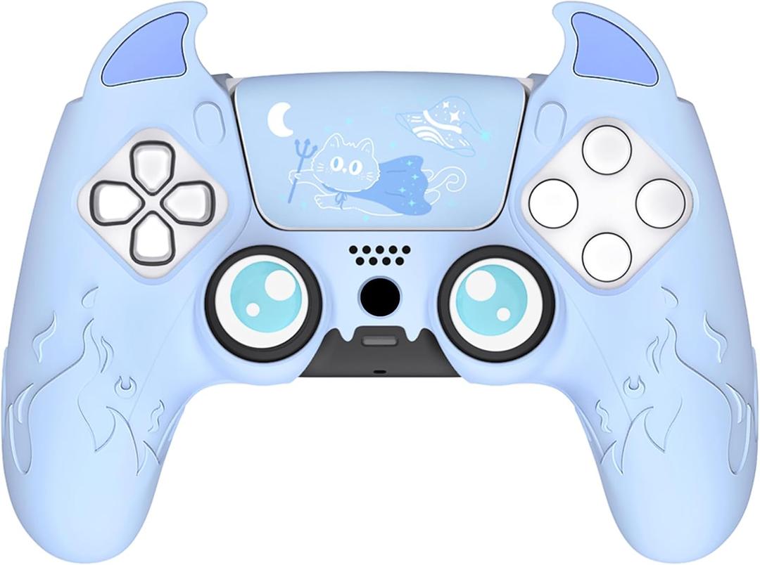 PlayVital Halloween Cute Demon Controller Silicone Case for ps5, Kawaii Controller Cover Gamepad Skin Protector for ps5 with Touch Pad Sticker & Thumb Grip Caps - Blue