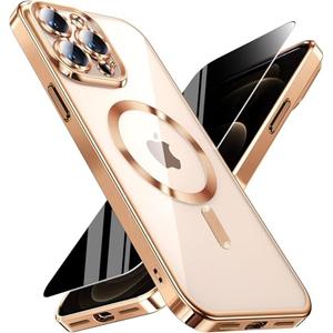 WEYNRBOX Magnetic for iPhone 12 Pro Max Case with Privacy Screen Protector & Full Camera Cover,[Non-Yellowing] Plating Glossy Soft Shockproof Clear Phone Case with Women Girls for 12 ProMax,Gold