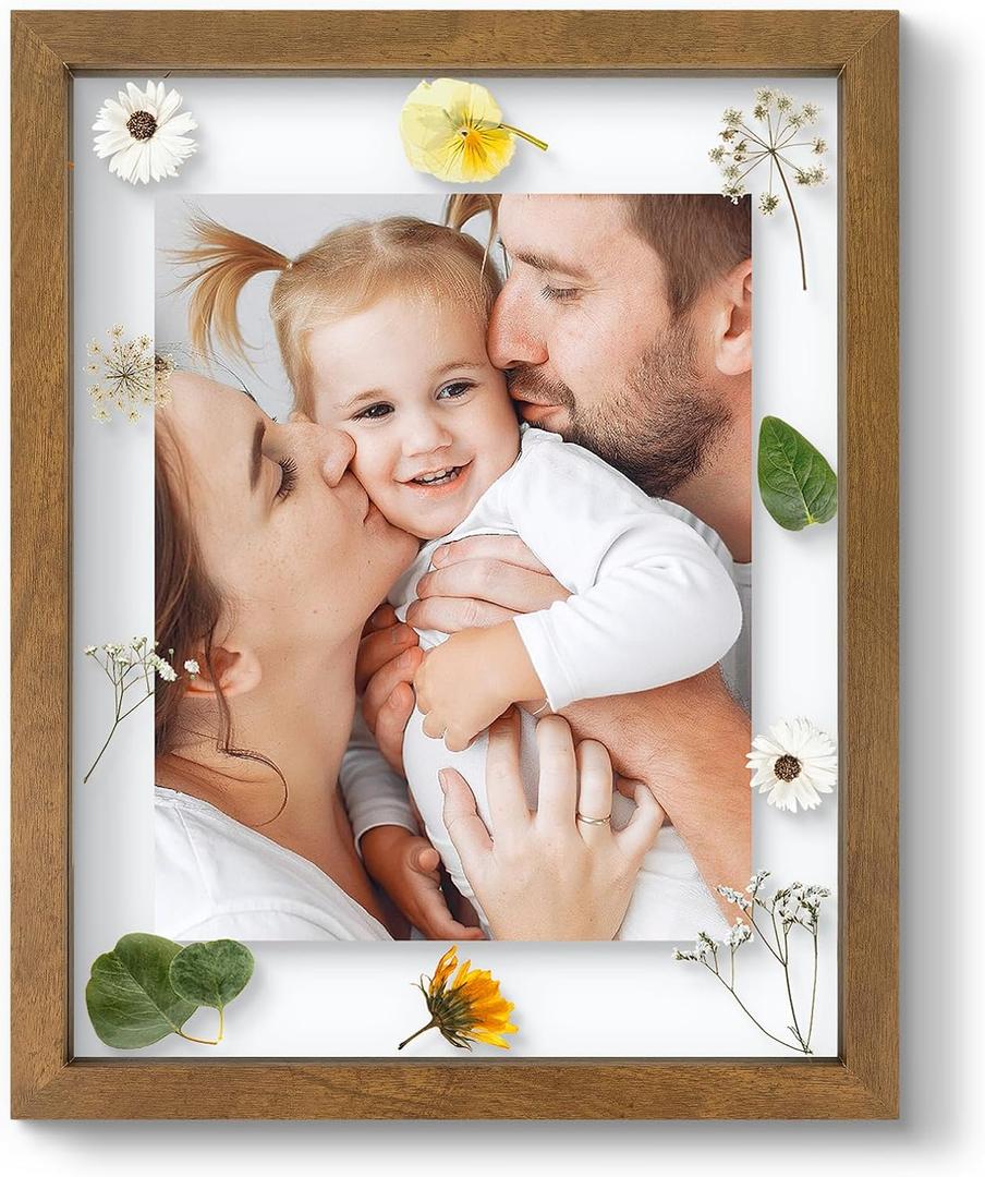 11x14 Floating Picture Frame - Brown Solid Wood Frame for Pressed Flower - Real Glass of Front - Use as 8x10 or 5x7 Picture Frame - for Wall Mount Display (Brown, 1 Pack)