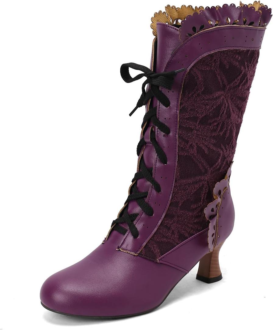 Women Victorian Boots Chunky Heels Lace up Cute Bow Knot Cosplay Costumes Witch Medieval Renaissance Mid-Calf Goth Boots Vintage Gothic Character Dance Kawaii Lolita Shoes (7.5/38, Purple)