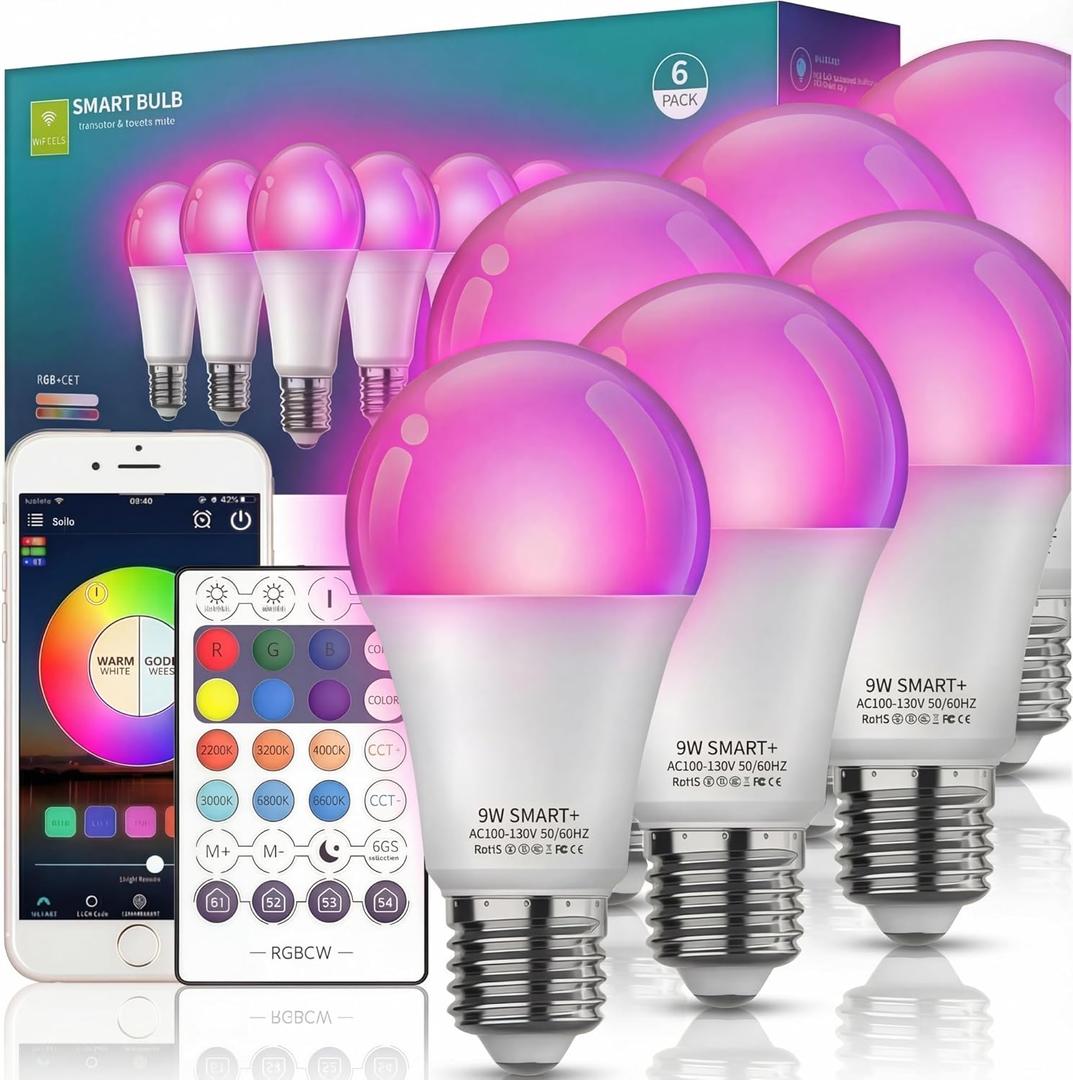 Smart Light Bulbs 6Pack with Remote, Color Changing Light Bulbs Work w/Alexa Google Home, 9W A19 E26 800LM Colored LED Bulb, 2.4GHz Only, 50+ DIY Scenes, App & Voice Control WiFi Light Bulbs
