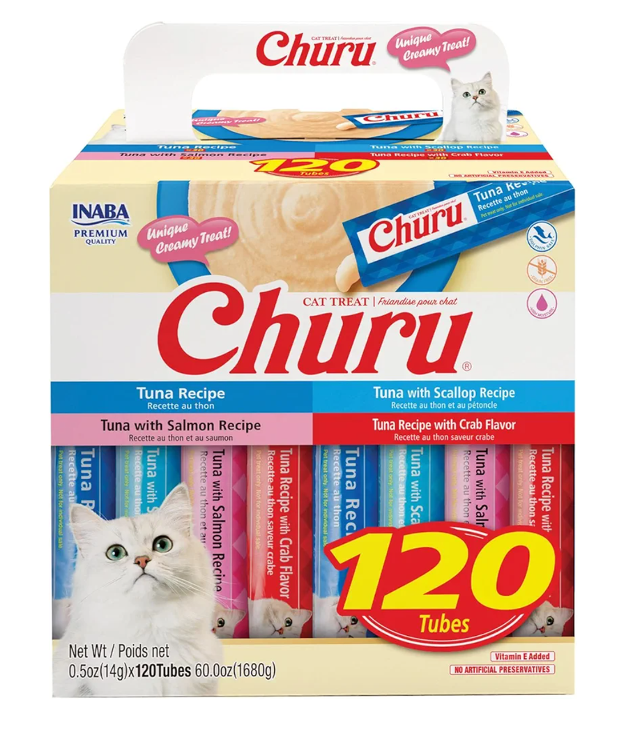INABA Churu Cat Treats, Lickable, Squeezable Creamy Purée with Vitamin E, 0.5 Ounces per Tube, 120 Tubes Total, Tuna Variety BBD: 03/26/2026 