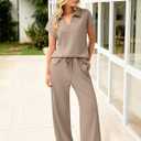 Glamaker Womens 2 Piece Summer Outfit Lounge Set Cap Sleeve Polo Top And Pant Set Tracksuit Travel Matching Outfit 2026 (Brown, S)