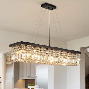 7PM Rectangle K9 Crystal Chandelier Modern Rectangular Pendant Lighting Fixture for Dining Room Kitchen Island Bedroom Black L47'' x W10'' x H10''