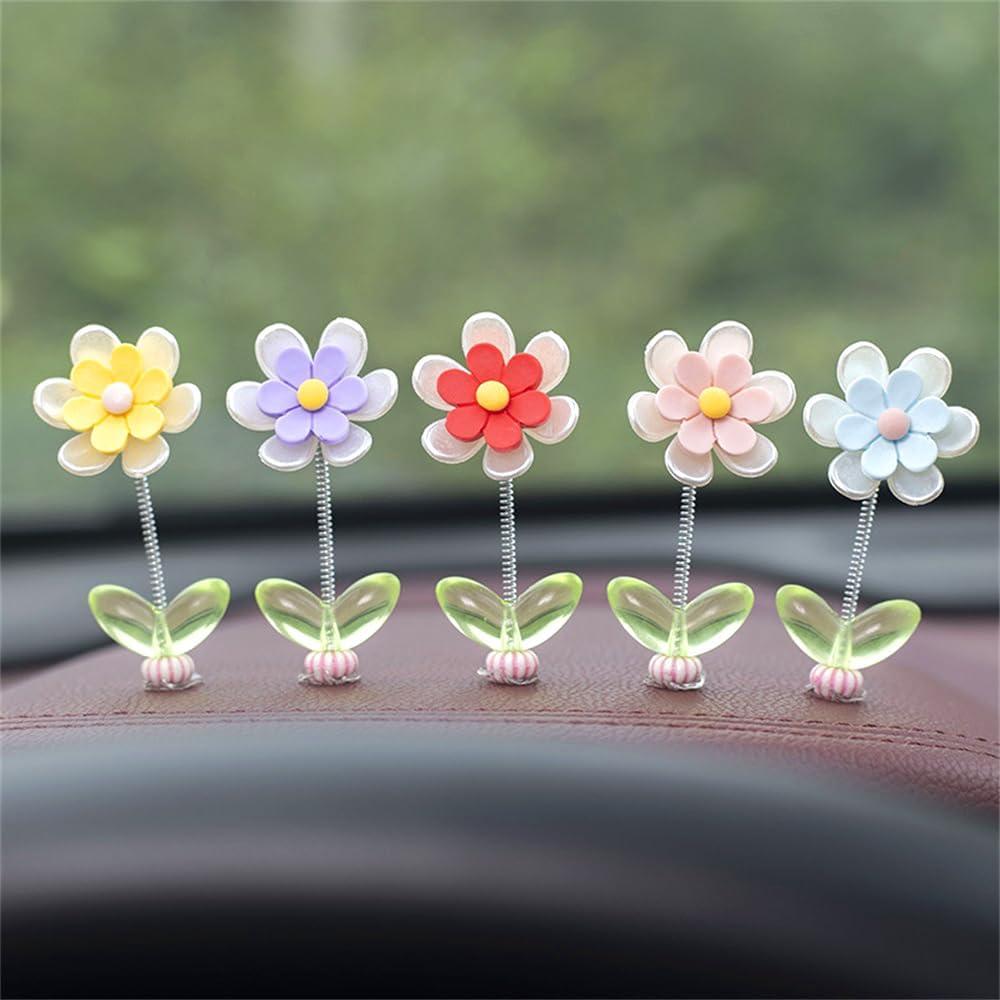 5 Pcs Daisy Cute Car Decor for Women,Mini Resin Flower Rear View Mirror Accessories with Spring Funny Decorations for Car Interior Computer Desk Dashboard Ornament (Six-Petal Flower, one Size)