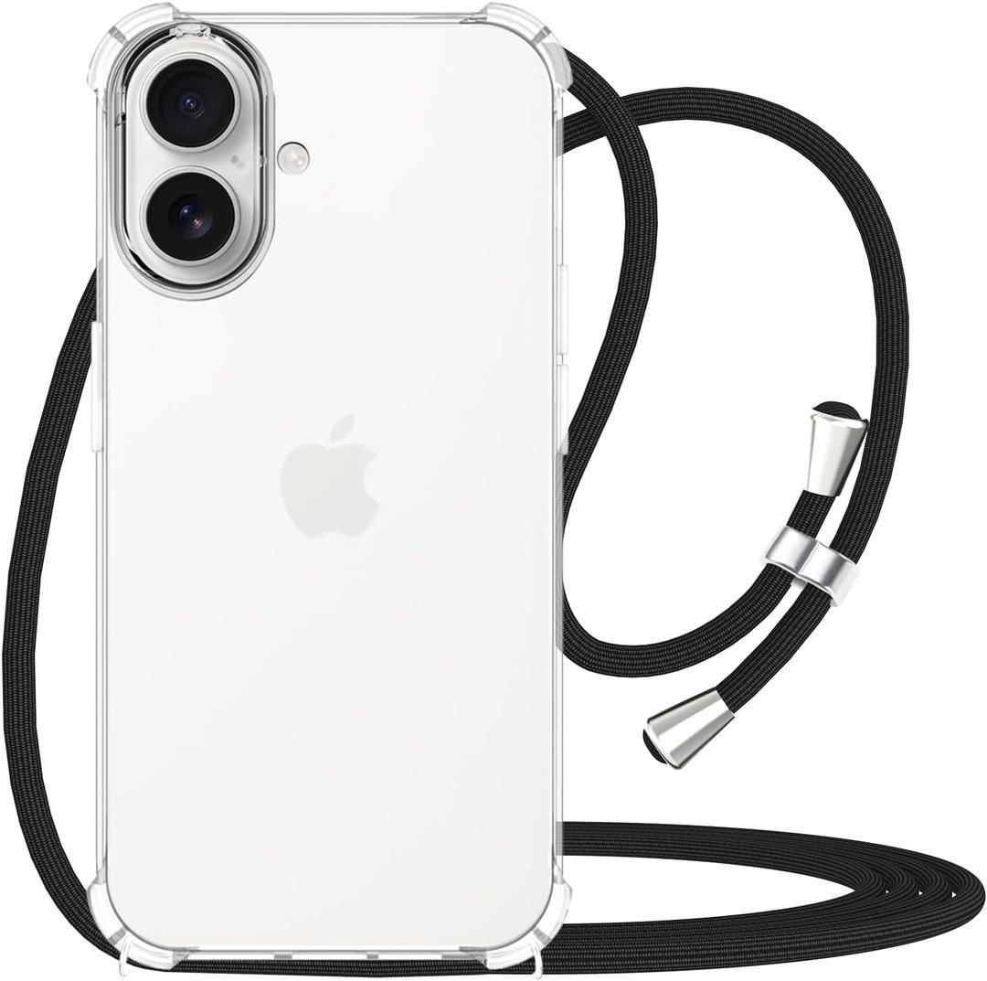 for iPhone 17 Case Cord Adjustable Neck Lanyard Crossbody Clear Case Strap Women Soft TPU Bumper Transparent Phone Cover Shockproof Protective Mobile Cover for iPhone 17 - Black