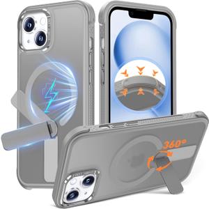 Anqrp 360 Rotatable Stand Magnetic Case for iPhone 14/13 with Adjustable Invisible Kickstand, [Compatible with Mag-Safe] [Mil-Grade Drop Protection] Translucent Matte Phone Case Cover 6.1" Gray