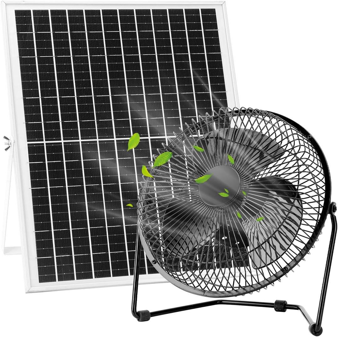 8" 25W Solar Powered Floor Fan for Home Outdoor Chicken Coop Greenhouse Dog House Summer Air Circulation Cooling, 2000 RPM High Speed, 360 Adjust Tilt