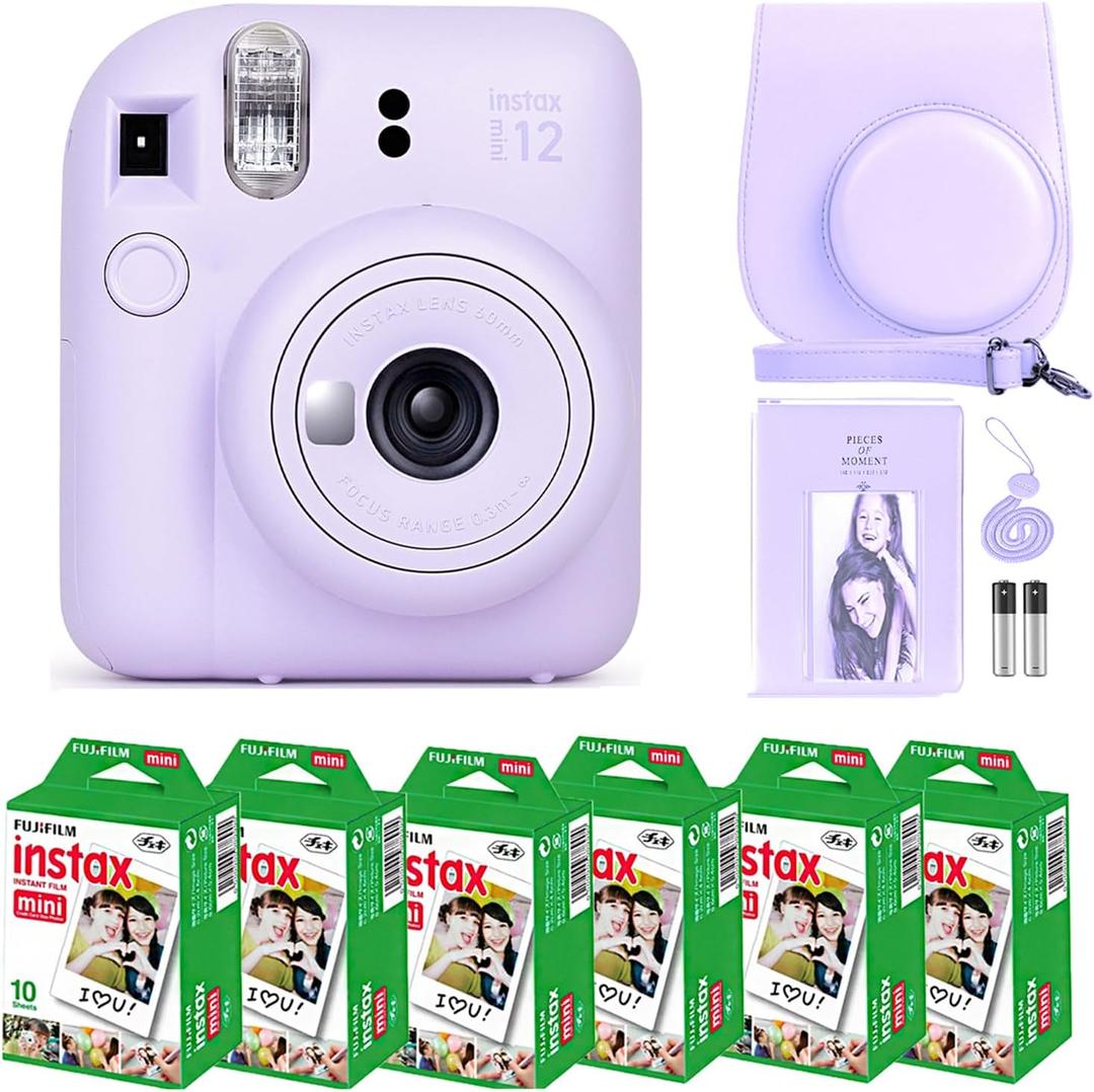 Fujifilm Instax Mini 12 Instant Camera Lilac Purple and Fuji Film Value Pack (60 Sheets) Bundle with Sturdy Tiger Accessories, Carrying Case, Photo Album 64 Pockets
