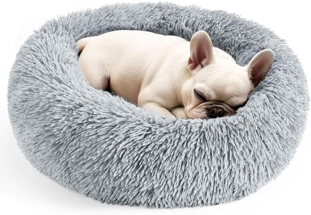 Dogs Bed for Small Dogs, Anti-Anxiety Washable Round Bed (Light Grey, 24.0" L x 24.0" W x 8.0" Th)