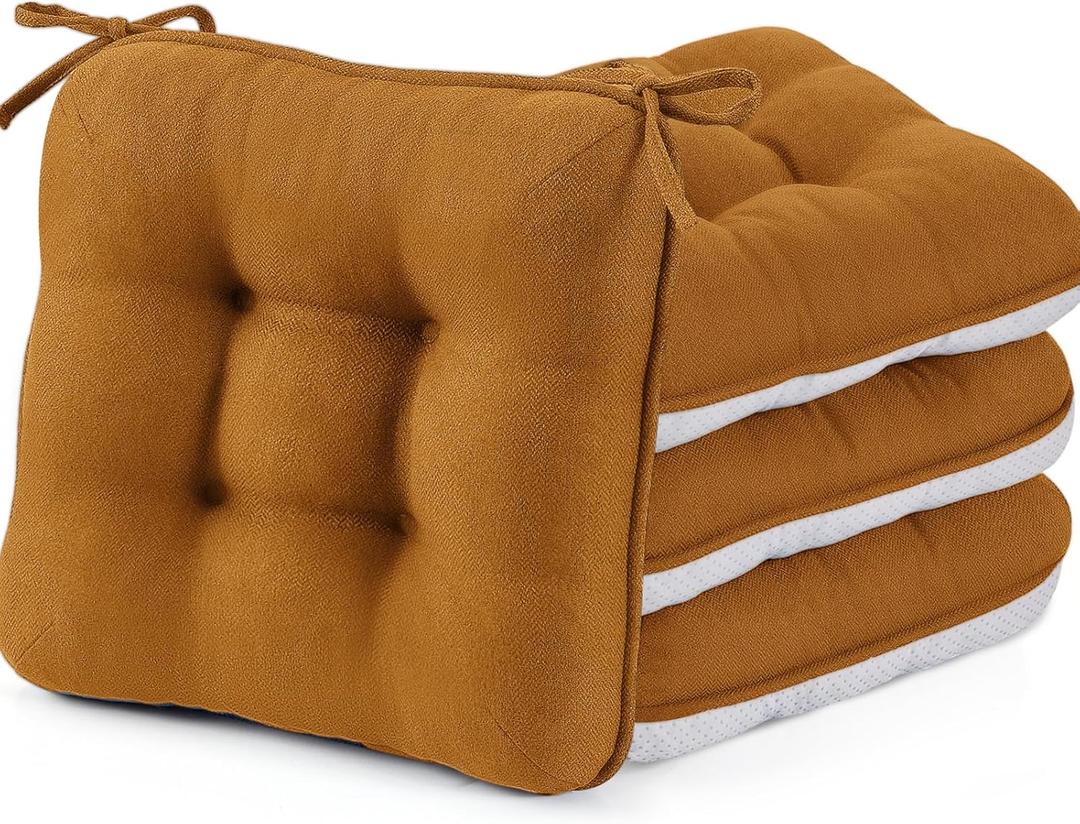 BETU Chair Cushions for Dining Chairs Set of 4,3.5" Thick Kitchen Table Chair Pads with Ties,Non Slip Backing and Covers, Seat Cushion for Dining Room,Bar,Patio Chairs,16"X16"X3.5",Caramel