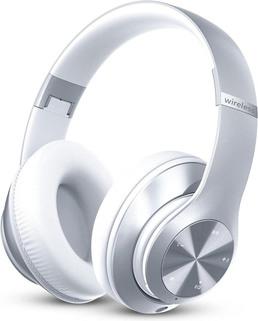 Headphones Wireless Bluetooth,60 Hours Playtime Foldable Lightweight Bluetooth Headphones Wireless Over Ear Wired Hi-Fi Stereo with 6 EQ Modes, Deep Bass Adjustable Headset with Mic, FM, TF for Adults (Regular, Silver)