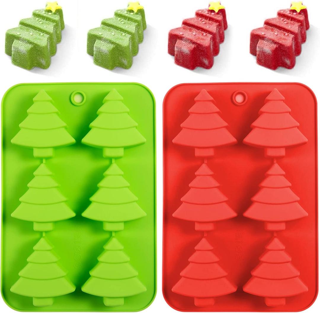 AnyDesign Christmas Silicone Molds Red Green Xmas Tree Candy Chocolate Mould Christmas Non-Stick Fondant Baking Mold for Handmade Soap Pudding Jelly Ice Cube Tray Cake Cupcake Topper Decor, 2Pcs