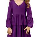 storeofbaby Purple Dress for Girls Casual Long Sleeve Elastic Waist Dresses Purple 8-9 Years (Purple)