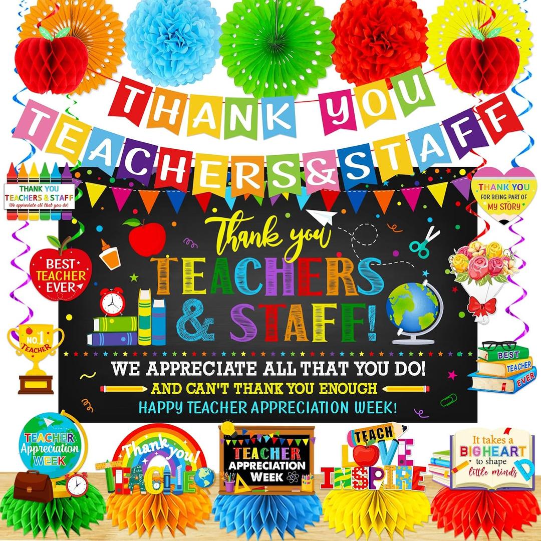 Teacher Appreciation Decorations, Staff Appreciation Decorations includes Thank You Teacher & Staff Backdrop, Honeycomb Centerpieces and Hanging Swirls, Teacher Appreciation Week Decoration