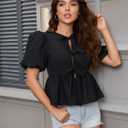 Womens Babydoll Peplum Tops Summer Puff Short Sleeve Bow Tie Blouse Y2k Cute Trendy 2025 Shirts (Black, S)