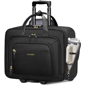 Ytonet Rolling Laptop Bag Women, 17.3 Inch Laptop Briefcase with Large Cup Holder, Carry On Luggage with Insulated & Waterproof Pocket, Roller Bag with Lock, Teacher Bag for Work Travel, Black